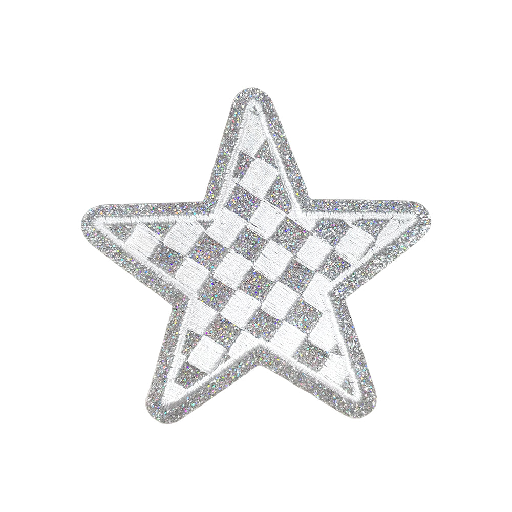Silver Checkered Star Embroidery Glitter Sequin Patch - Clpatch